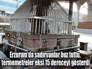 Erzurumda şadırvanlar buz tuttu, termometreler eksi 15 dereceyi gösterdi